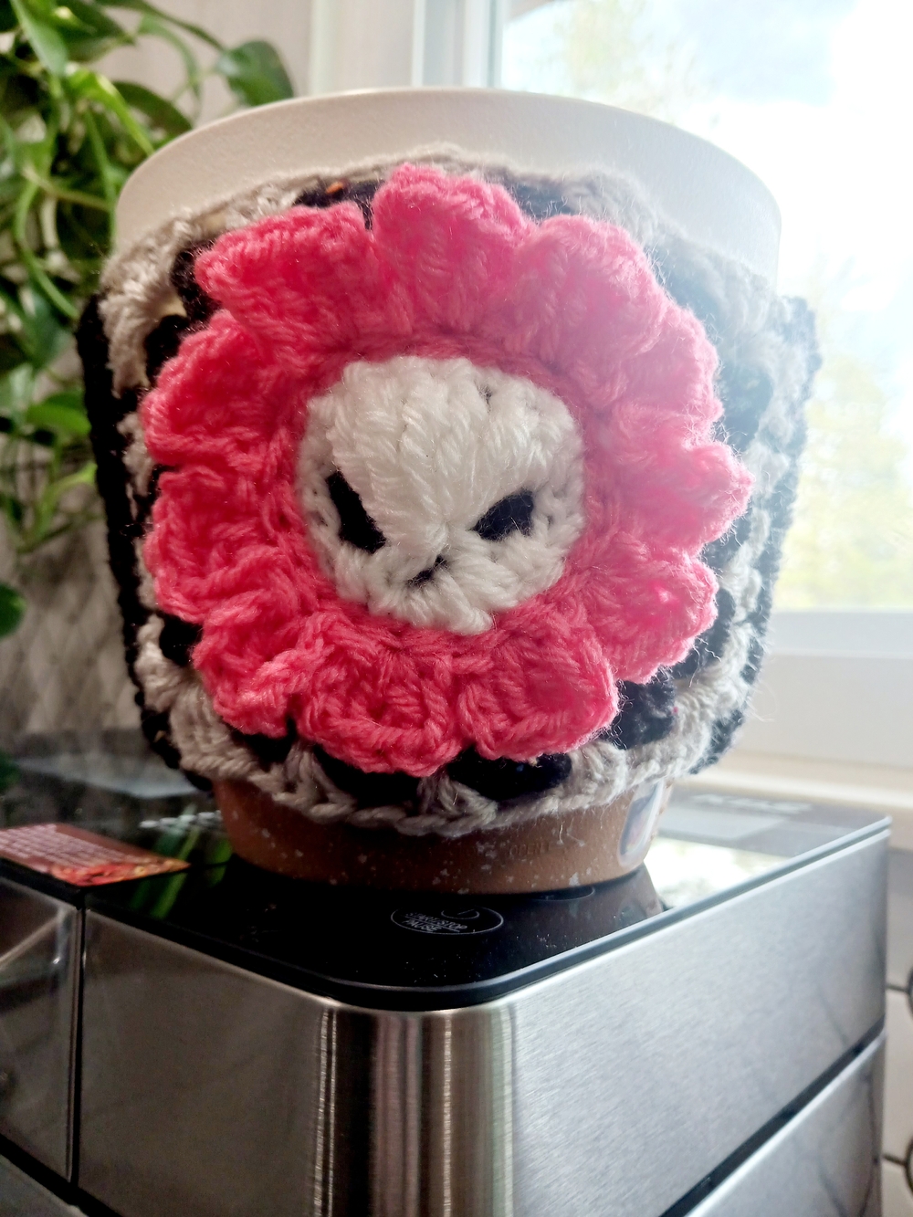 Handmade Pink Skull Floral Crochet Flower Pot